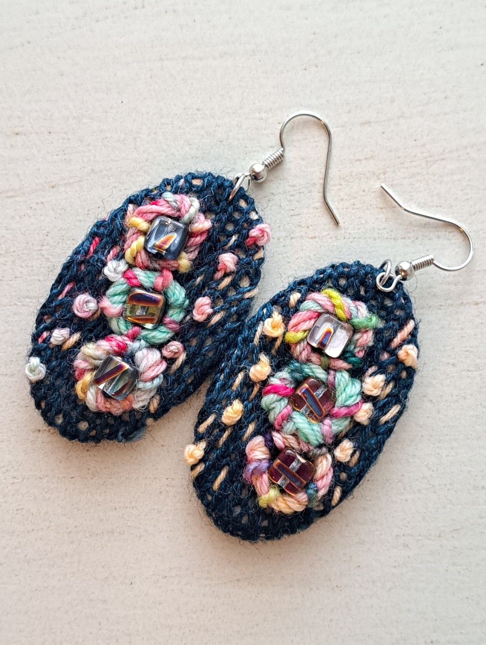 Handcrafted Dark Green Knit Earrings with Multicolor Embroidery and Czech Beads